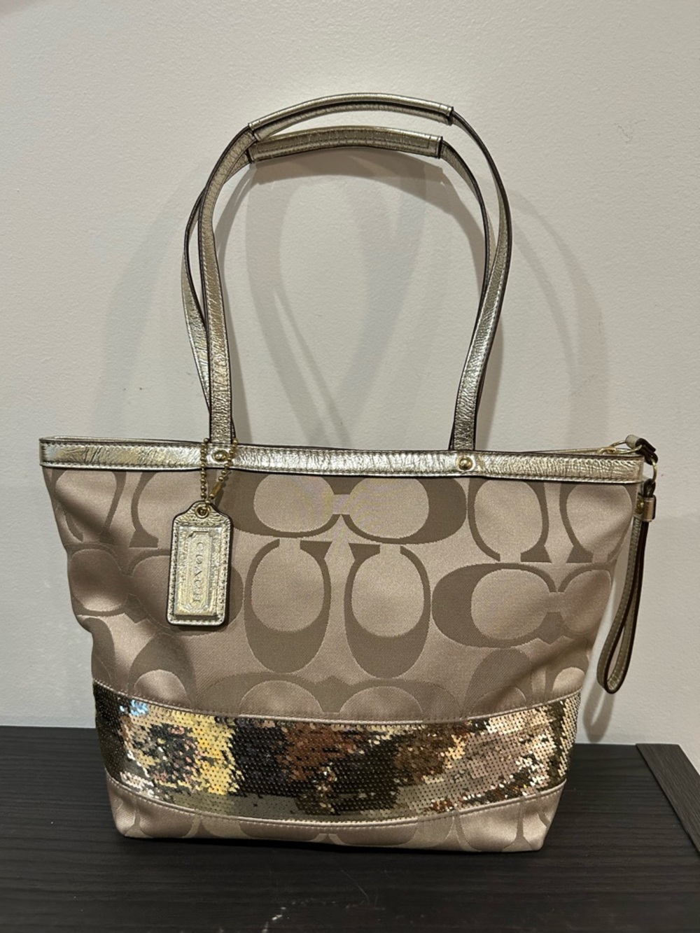 Coach Signature Stripe Tote Bag with metallic gold sequin accents EUC